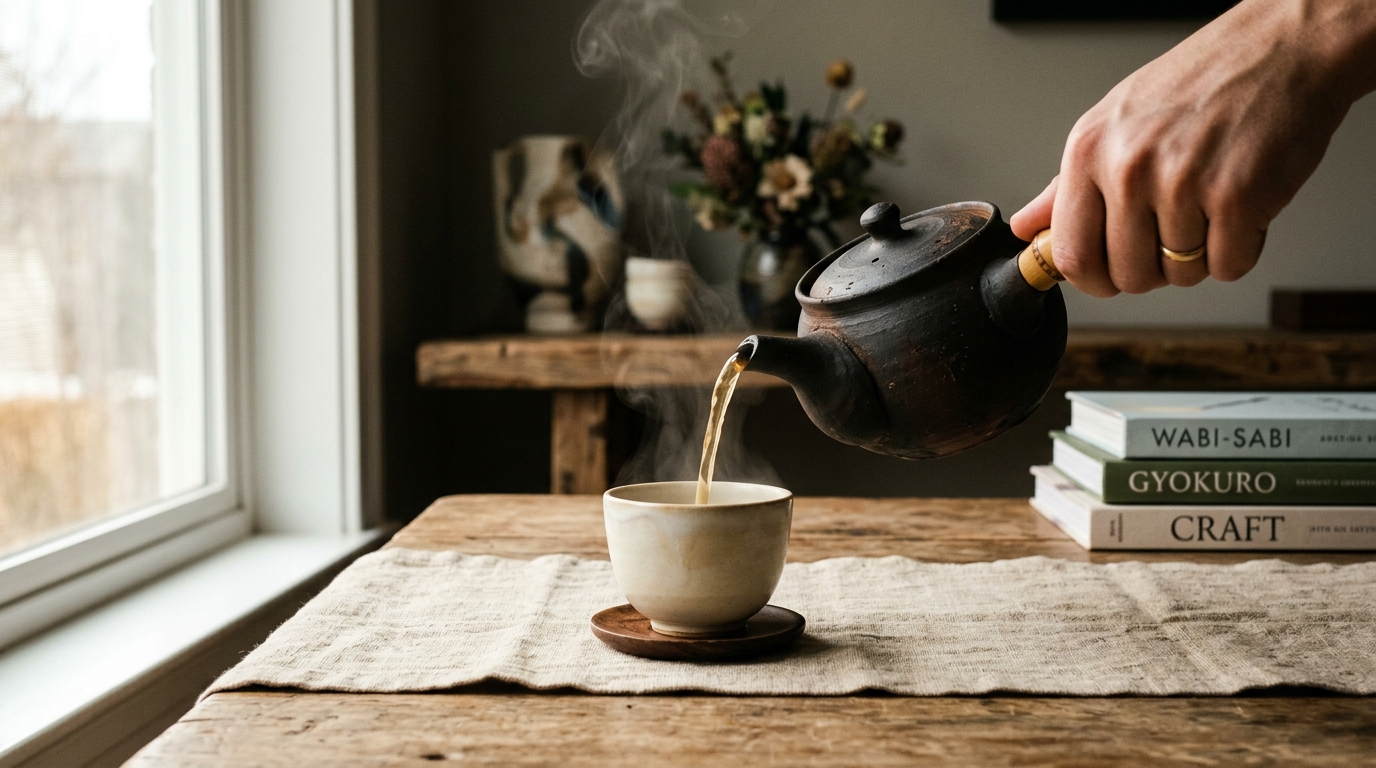 Minimalistischer japanischer Tonkessel gießt feinen Gyokuro-Tee ein